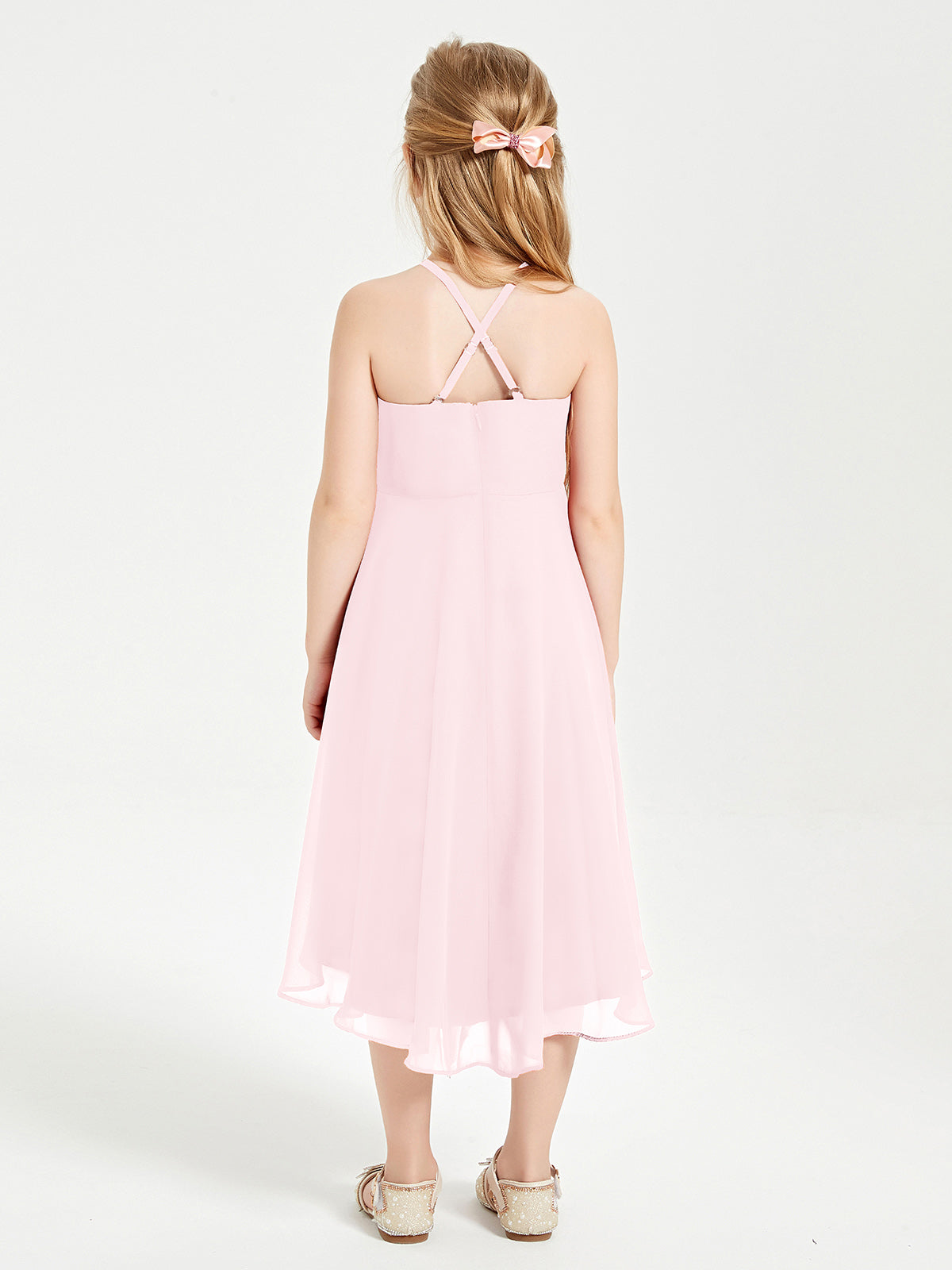 Tea Length Junior Bridesmaid Dresses with Asymmetrical Skirts Blushing Pink